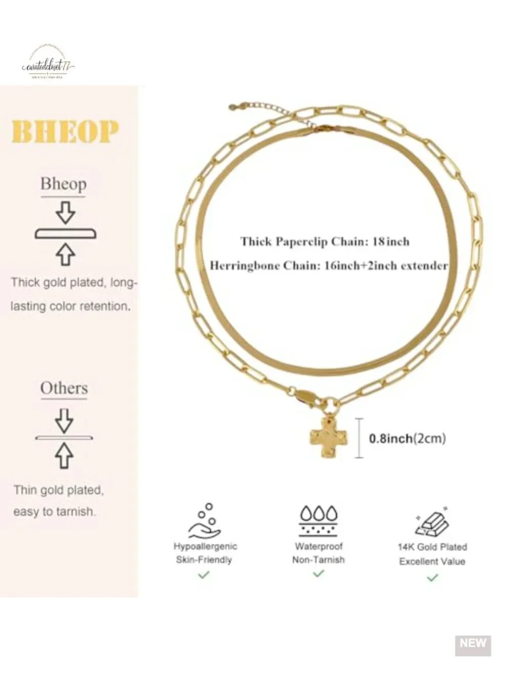 Chunky Cross Necklace Set 14K Gold Plated Paperclip Herringbone Chain